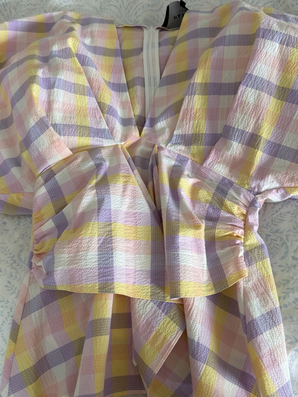 Pastel Plaid V-Neck Peplum Blouse - Pink, Yellow & Lilac
